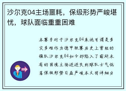 沙尔克04主场噩耗，保级形势严峻堪忧，球队面临重重困难